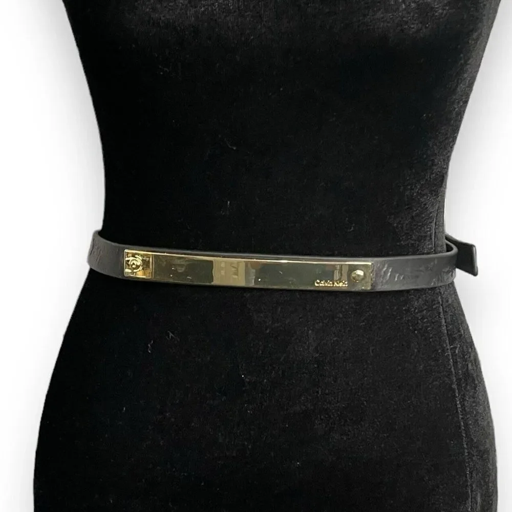 Calvin Klein Faux Leather Waist Belt Women 14 Black Gold Plate Adjustable FLAWED